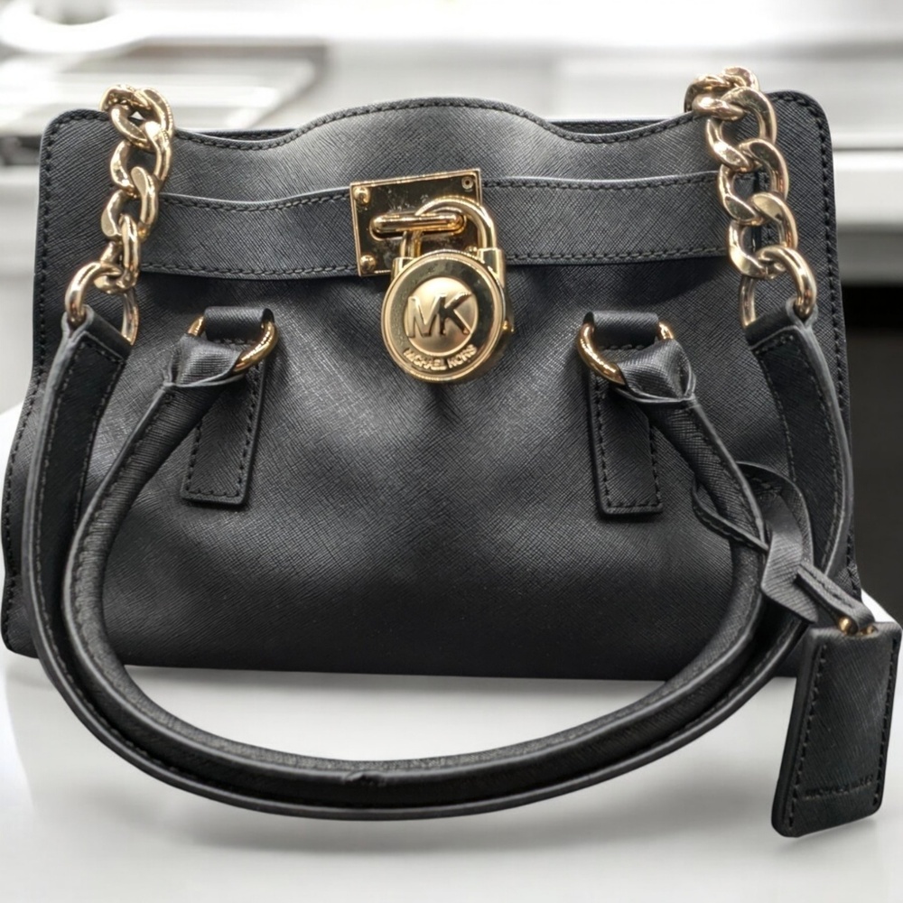 Michael Kors Hamilton Shoulder Satchel Saffiano Leather Black Bag Medium Gold
